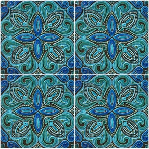 4 Decor Ceramic Tiles With Relief For Kitchen Backsplash Design, Bathroom Tile Art Decor, Ceramic Wall Hanging, 4 Spanish #8 30cm Turquoise