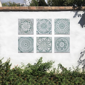 6 Decorative Ceramic Tiles For Bathroom Wall Art, Kitchen Backsplash Tiles Design, Wall Hanging, Yard Art, Handmade Mosaic, 30cm Aqua