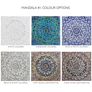 May include: Six ceramic tiles with mandala designs in different colors and finishes. The tiles are arranged in two rows of three. The top row shows white, turquoise, and blue and white glazed tiles. The bottom row shows beige and white glazed, matt blues decorative, and aged silver decorative tiles.