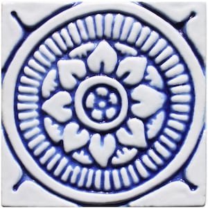 Ceramic Tile With Mandala Decor, Decorative Relief Tile, Bathroom Wall Decor, Spanish Tile, Ceramic Tile, Mandala #3 10cm Blue&White