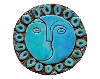 Handmade Sun&Moon Wall Art Ceramic Tile For Exterior Wall Hanging, Bathroom Wall Decor, Spanish Tile Design, Sun And Moon #2 17cm Turquoise
