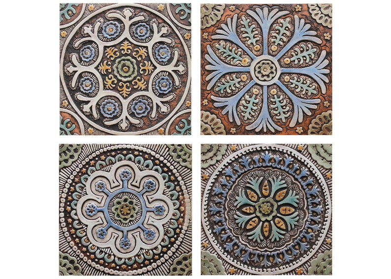 Large wall art SET of 4 floral tile wall hangings for outdoor Etsy