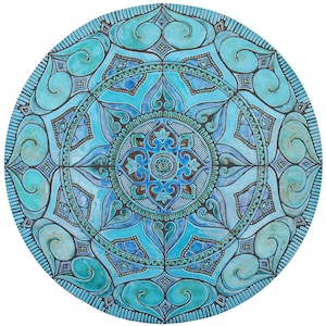 Large Ceramic Tile Mural With Mandala Design, Wall Mural For Garden, Circle Garden Art, Mosaic Wall Art, Decor Tile 100cm/39.3&quot; Turquoise