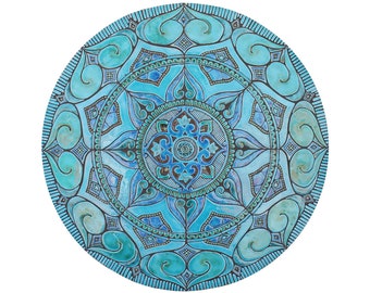 Large ceramic tile mural with mandala design, turquoise wall mural for garden, circle garden art,mosaic wall art,decorative tile 100cm/39.3"