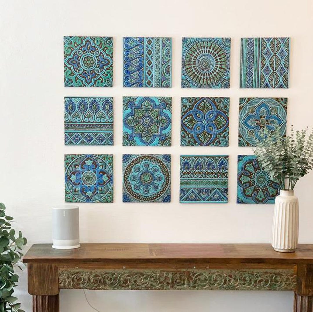 Large Turquoise Ceramic Garden Art Tiles - Spanish Wall Sculpture