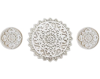 Beige Mandala Ceramic Tile Set, Outdoor Garden Wall Art (Set of 3)