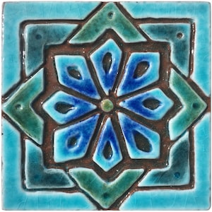 Handmade Tile With Relief Design, Ceramic Wall Art, Decorative Tile, Outdoor & Indoor Deco, Garden Home Accent, Moroc #1 10cm Turquoise