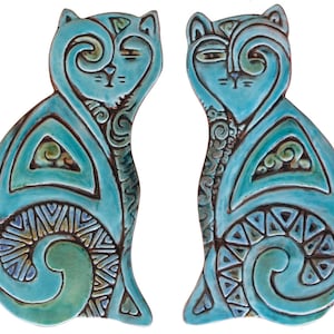 Cats Sculptures, Cat Art, Ceramic Cats, Cat Wall Art, Cat Ornaments, Pair Of Cats Deco, Contemporary Ceramic Tile Designs, 26cm Turquoise