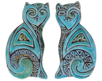 Cat Sculptures, Cat Art, Ceramic Cats, Cat Wall Art, Cat Ornaments, Pair Of Cats Deco, 26cm Turquoise