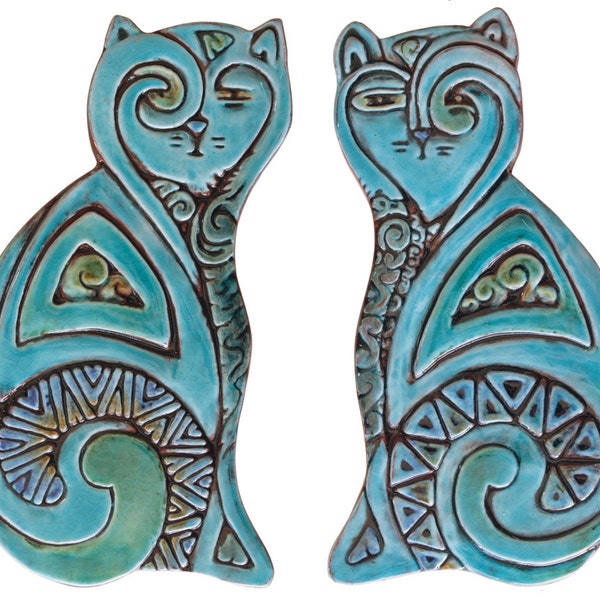 Cat Sculptures, Cat Art, Ceramic Cats, Cat Wall Art, Cat Ornaments, Pair Of Cats Deco, 26cm Turquoise