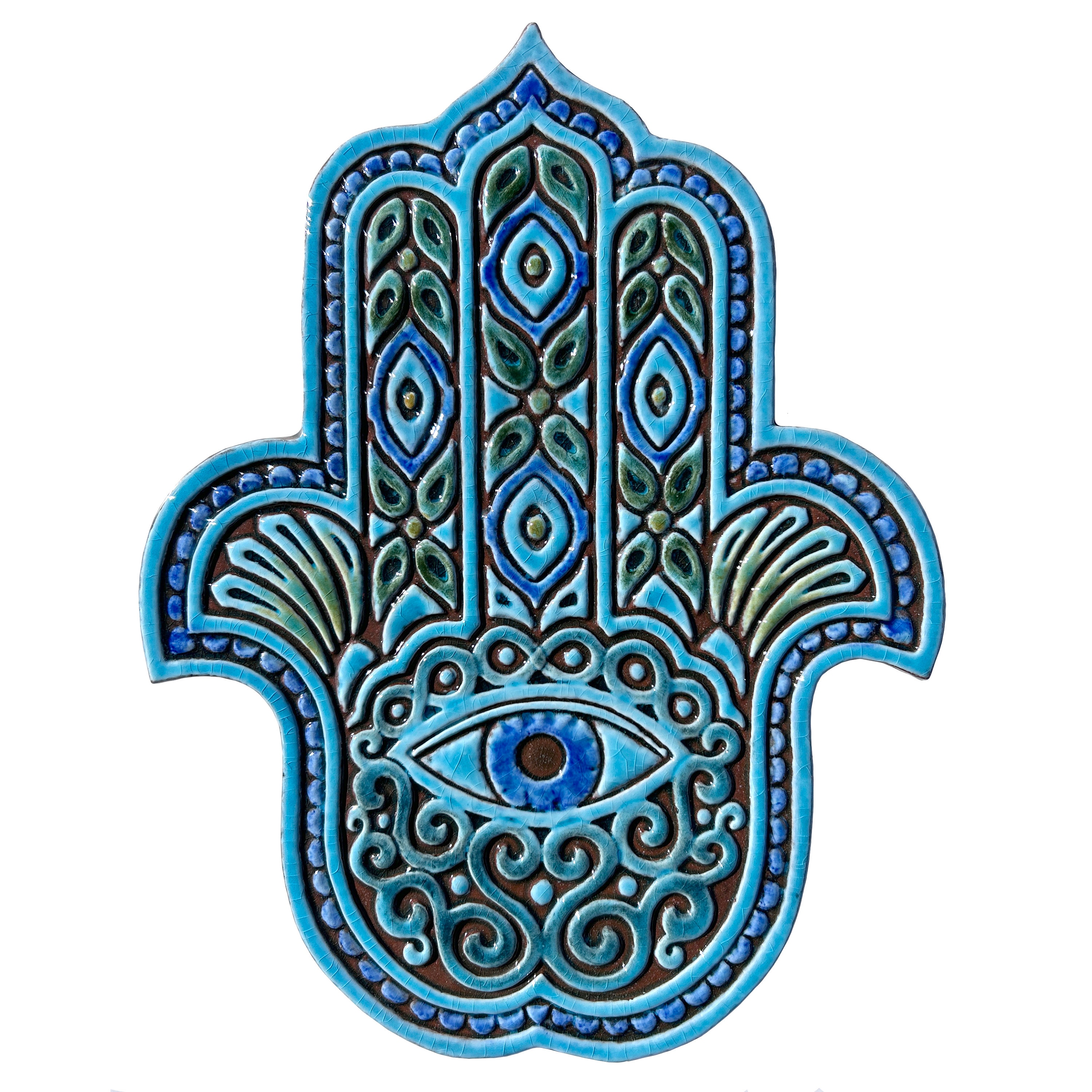 HAMSA ハンドメイドセラミックHamsa hand Spanish Ceramic Hamsa Wall Art: Turquoise Hand of Fatima Tile