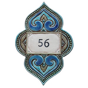 Address Plaque With Boho Decor, Ceramic House Numbers, Personalized Sign, House Number Plaque, Ceramic Sign 12.2x8.2" Mandala #1 Turquoise