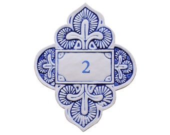 Handmade Ceramic House Number Plaque, Suzani Floral Decor, Blue & White 8.26x12.2"