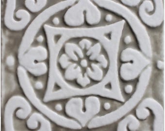 Handmade Ceramic Tile: Beige Ethnic Mandala, Garden Wall Decor (10cm)