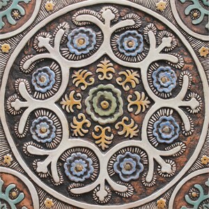 Handmade Ceramic Tile, Floral Suzani Design, Decorative Wall Art, Matt Blue (30cm/11.8")