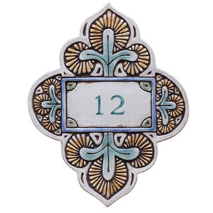 Address Plaque With Floral Design, House Numbers In Ceramic, Personalized Sign, House Number, Ceramic Sign 9.05 X 11.61&quot; Suzani Matt Greens