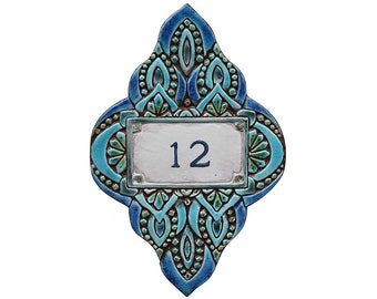 House numbers made from ceramic, house number plaque with boho deco, personalized address sign, Turquoise house number sign,12.2 x 8.2"