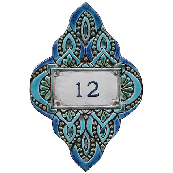 Numéros de maison en céramique, plaque de numéro de maison avec déco boho, panneau d'adresse personnalisé, panneau de numéro de maison turquoise, 12,2 x 8,2"