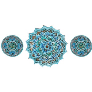 3 Mandala Outdoor Wall Art For Garden Art, Yard Decor, Wall Sculpture, Kitchen Decor, Set Of 3 Ceramic Tiles, Mandala #2 Circle Turquoise