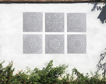 6 Hand Painted Ceramic Tile Set: Mandala Wall Art, Grey & White (30cm/11.8")