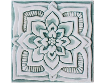 Boho Chic Spanish Tile With Mandala Design, Bathrooms Ceramic Tile, Kitchens Decor, Outdoor Art, Deep Relief Carving, Mandala #4 15cm Aqua