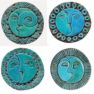 4 Mixed Sun and Moon Ceramic Tiles For Garden Decor, Decorative Tiles, Bathroom Tiles, Wall Art, Kitchen Tiles, 4 Sun&Moon 17cm Turquoise