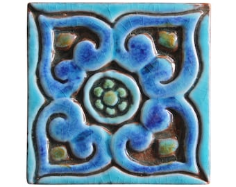 Carrelage décoratif pour mur de terrasse, Carrelage ethnique, Carrelage en céramique, Carrelage peint à la main, Carrelage fait main, Carrelage en céramique, Mandala 8 cm turquoise