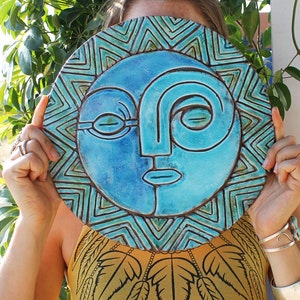 Sun&Moon For Patio Wall Hanging, Wall Art Design, Garden Art, Outdoor Decor, Wall Decor Tile, Backyard Art Sun And Moon #1 XL 30cm Turquoise