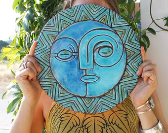 Sun&Moon For Patio Wall Hanging, Wall Art Design, Garden Art, Outdoor Decor, Wall Decor Tile, Backyard Art Sun And Moon #1 XL 30cm Turquoise