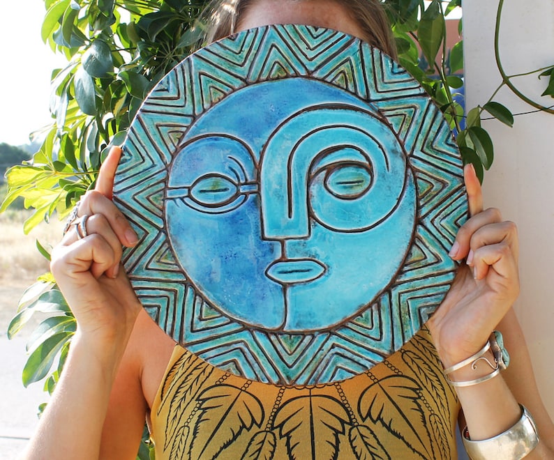 Sun&Moon For Patio Wall Hanging, Wall Art Design, Garden Art, Outdoor Decor, Wall Decor Tile, Backyard Art Sun And Moon 1 XL 30cm Turquoise image 1