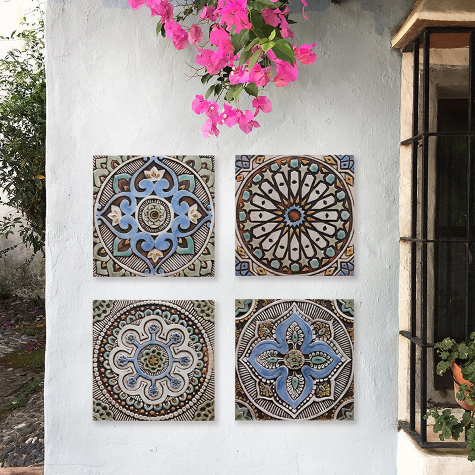 Large wall art SET of 4 floral tile wall hangings for outdoor Etsy