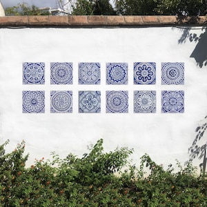 12 Ceramic Tiles Outdoor Wall Art, Garden Wall Decor, Large Wall Sculpture, Yard Art For Wall Hangings, Hand Painting Tiles, 20cm Blue&White