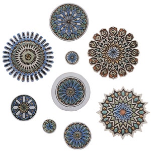 9 Moroccan Outdoor Wall Art, Circles Tiles For Garden Decoration, Boho Wall Decor, Perfect Tiles For Yard Art Geometric Wall Art, Matt Blue