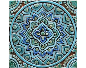 Ceramic Wall Art With Mandala Design, Wall Hanging Handmade Perfect For Outdoor Wall Art Or Bathroom Wall Decor,  Mandala #2 20cm Turquoise