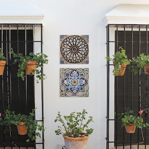 2 Outdoor Wall Art, Yard Art Ceramic Tiles, Garden Sculpture Wall Art, Coastal Wall Decor, Outdoor Wall Accents, Mix Design 30cm Matt Blue