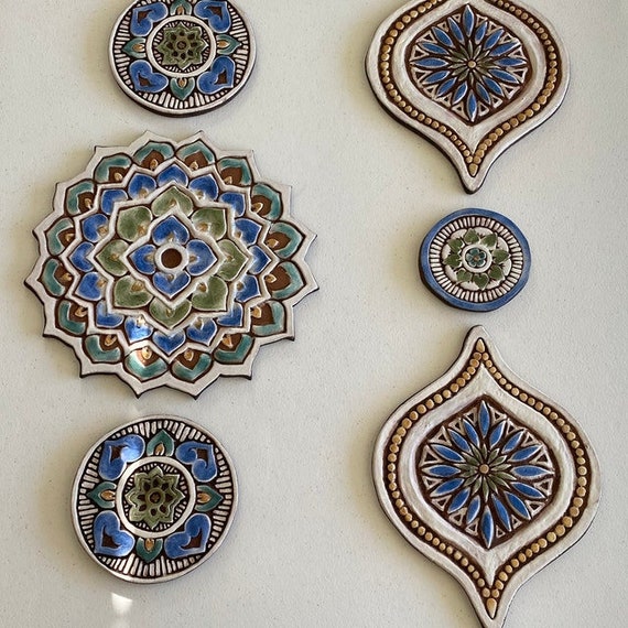 Turquoise Ceramic Garden Art: Abstract Outdoor Wall Decor, Set of