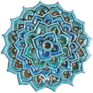Kreisförmige Keramikfliesen für Wohndekor, Wandfliesen Kunst für Außengestaltung, Handbemalte Fliesen, Fliesenkunst, Mandala #2 27,5 cm Türkis