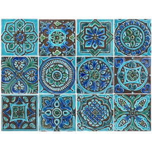 12 Decorative Tiles For Bathroom Decor, Kitchen Backsplash Design, Handmade Tile Ceramic Wall Art, Spanish Tile, Mix Design 10cm Turquoise
