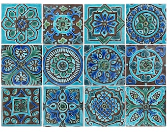 12 carreaux décoratifs pour salle de bain, crédence de cuisine, art mural en céramique fait main, carrelage espagnol, design mixte 10 cm turquoise
