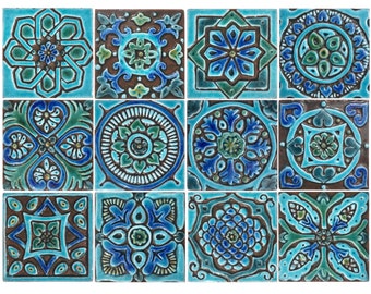 Handmade Ceramic Tile Set: Turquoise Spanish Decor, 12 Art Tiles (10cm)