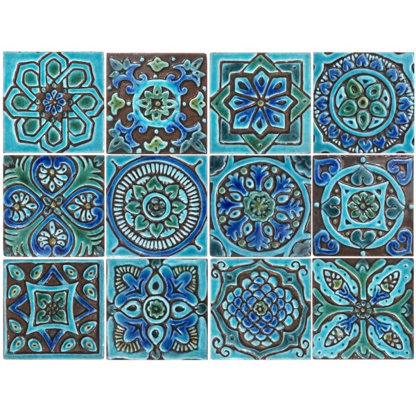 12 Decorative Tiles For Bathroom Decor, Kitchen Backsplash Design, Handmade Tile Ceramic Wall Art, Spanish Tile, Mix Design 10cm Turquoise