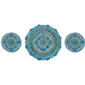 3 Circle Wall Art, Wall Sculpture Made From Ceramic For Garden Art, Ceramic Tile, Outdoor Wall Art, 3 Tiles Mandala #7 Deco Turquoise