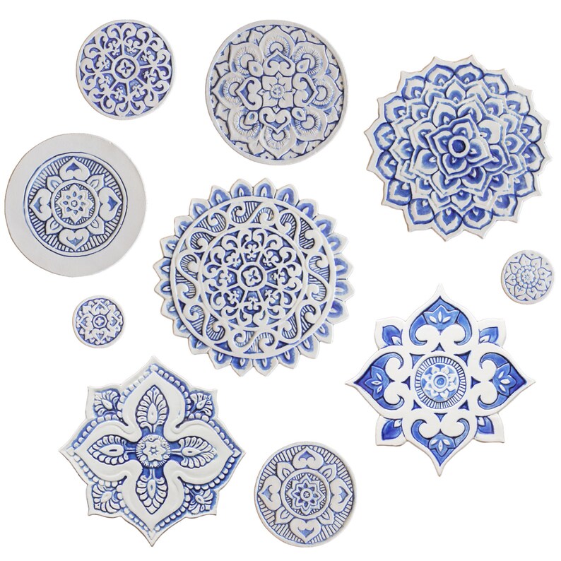 Home Decor With Mandala Design, Decorative Tile, Ceramic Wall Art, Hand Painted Tile, Circule Tile Decor For Kitchen, Mandala 2 Cutout Blue image 6