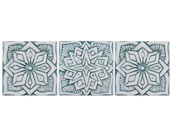 3 Ceramic Tiles For Wall Art, Ceramic Art, Garden Decor, Kitchen Backsplash Tiles, Bathrooms Style, Moroccan-Mandala-Suzani Design 15cm Aqua