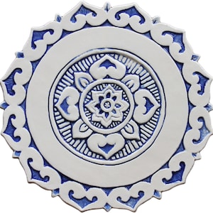 Wall Hanging With Ethnic Design, Outdoor Wall Art, Ceramic Tile, Kitchen Art, Mandala Wall Art, Mandalita Plain Border Cutout 28cm Blue