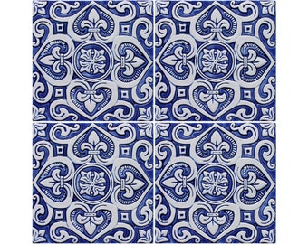 手作りスペイン製セラミックタイル：ブルー＆ホワイトのウォールアート
