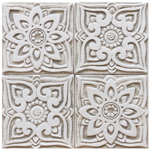 4 Ceramic Tiles For Outdoor Decor, Bathroom Inspirations Tiles, Kitchen Wall Hanging, Ceramic Tile Art, Moroccan-Mandala-Suzani 15cm Beige