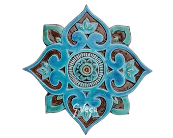 Mandala Wall Decor Made From Ceramic For Outdoor Wall Art, Ceramic Tile Design, Backyard Wall Hanging, Mandala #3 Cutout  27.5cm Turquoise