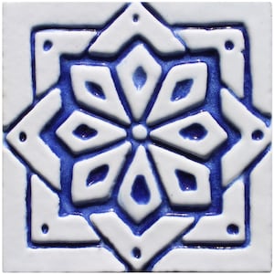 Handmade Tile With Relief Design, Ceramic Wall Art, Decorative Tile, Outdoor / Indoor Deco, Garden Home Accent, Moroc #1 10cm Blue&White