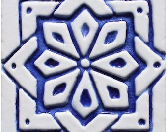 Handmade Ceramic Tile: Blue & White Relief Design, Moroc #1, 10cm